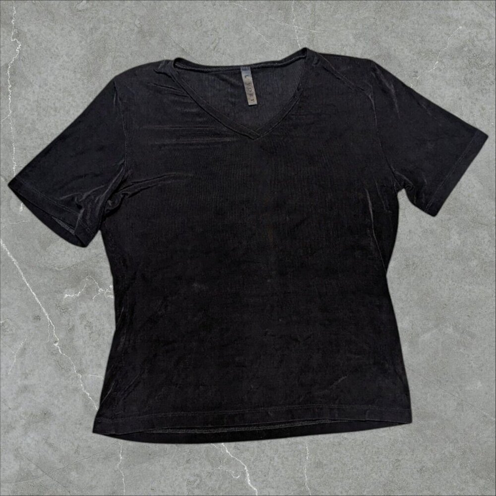 L'vory Vtg Women's‎ Black Blouse Large Stretch USA Made Designer Vneck